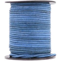 1 mètre de Cordon Cuir rond Bleu clair Vintage diam. 2mm